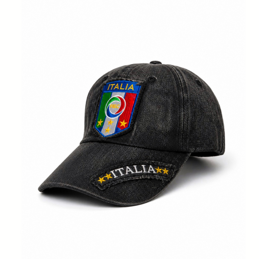 Black cap with 'Italia' and flag patch on a white background